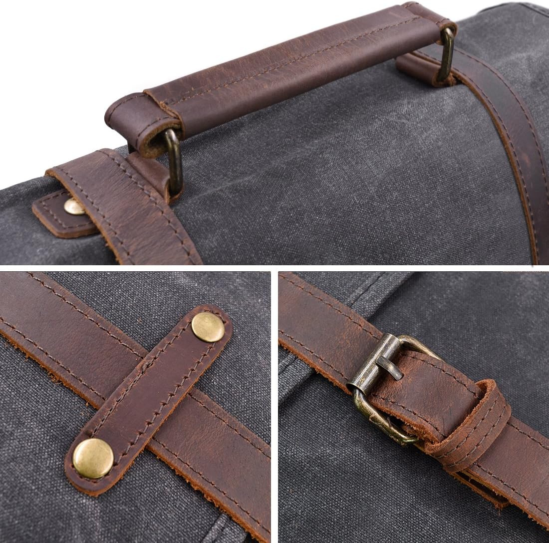 Mens Messenger Bag 15.6 Inch Waterproof Vintage Genuine Leather Waxed Canvas Briefcase Large Leather Computer Laptop Bag Rugged Satchel Shoulder Bag， Brown - Image 9